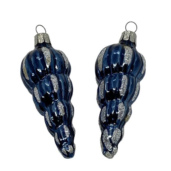 Unknown Other - 1980’s Two Cobalt Blue Glass Silver Glitter Snow Cone Shaped XMAS Ornaments